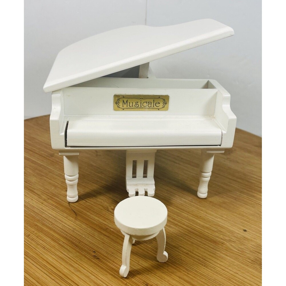 White Piano Music Box with Bench and Black Case Musical Boxes Gift for Christmas - Picture 1 of 13
